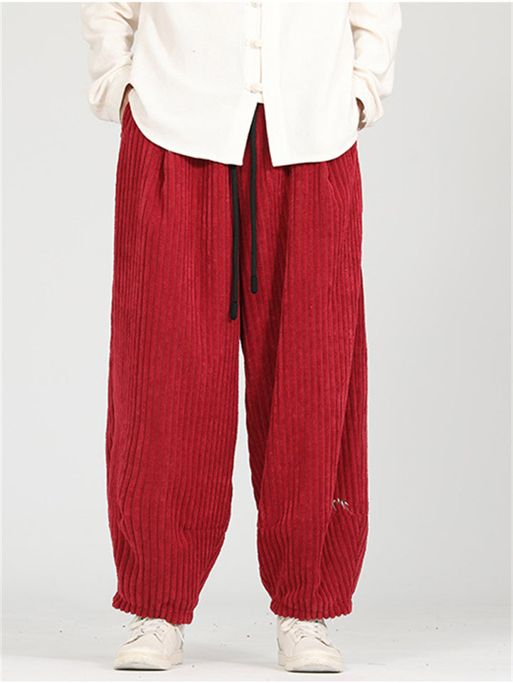 Men's Autumn Chinese Style Embroidered Corduroy Drawstring Wide Leg Pants