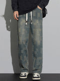 Men's Retro Casual Loose Straight Plaid Denim Pants for Spring Autumn