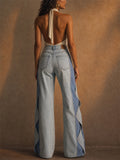 Women High Waist Ruffle Wave Rhinestone Wide Leg Jeans