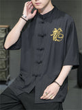 Men's Retro Cool Comfy Hanzi Loong Embroidery Button Up Shirt