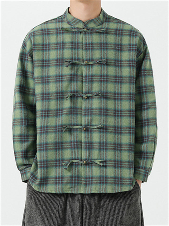 Chinese Style Cotton Plaid Stand Collar Long Sleeve Shirts for Men