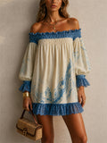 Women Boho Blue Print Lace Trim Off Shoulder Mini Dress