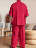 Chinese Ethnic Style Button Linen Tops and Wide Leg Pants Set for Men