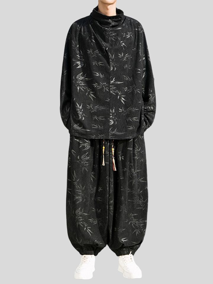 Male Bamboo Leaves Pullover T-shirt & Pants Corduroy Outfits