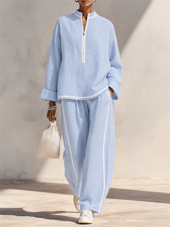 Women Long Sleeve Stand‑Collar Quarter Zip and Wide Leg Pants Set