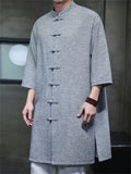 Men's Retro Solid Color Button Up 3/4 Sleeve TangSuit Long Shirt