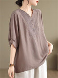 Women's Solid Color Embroidery V Neck Comfy Short Sleeve Shirt