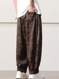 Men's Retro Chinese Style Plum Blossom and Bamboo Print Wide Leg Pants