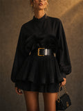 Womens Chic Ruffle Pleated Puff Sleeve Tiered Peplum Blouse