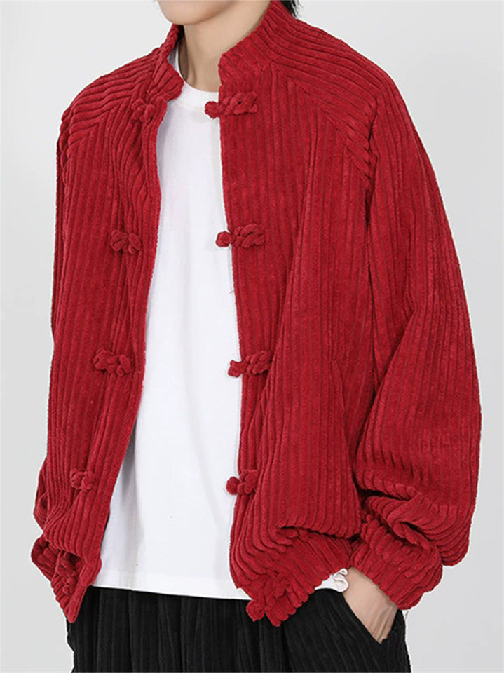Chinese Style Corduroy Mandarin Collar Jacket with Chinese Knot Buttons for Men