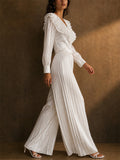 Women Satin Pleated Wide Leg High Waist Palazzo Pants
