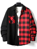 Men's Trendy Corduroy Plaid Patchwork Lapel Long Sleeve Shirt