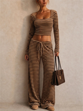 Womens Striped Ribbed Long Sleeve Crop Top Wide Leg Pants 2pc Set