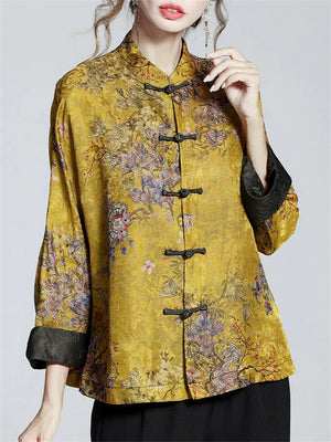 Chinese Style Stand Collar Ladies Button Jacquard T-shirts