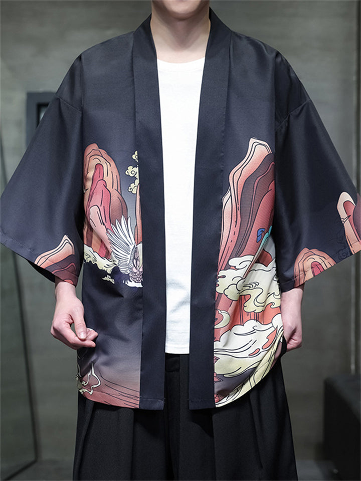 Chinese Vintage Chinoiserie Print Cardigan Shirt for Men