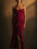 Womens Sexy Ruched Ruffle Bodycon High Low Slit Maxi Dress