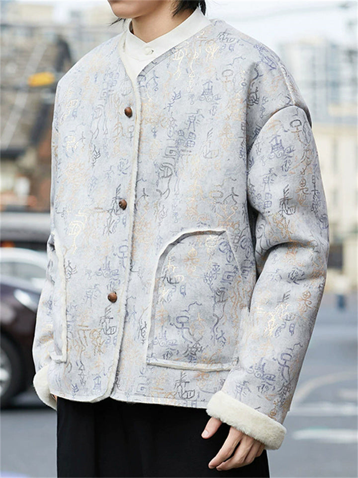 ‌Chinese Style Gray Printed Winter Coat with Faux Fur Trim for Men