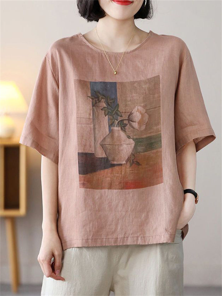 Summer Casual Cotton Linen Painting Print Round Neck T-shirt for Women