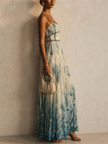 Women Blue Elegant Summer Pleated Floral Corset Maxi Dress