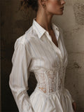 Women's Chic Striped Lace Corset Waist Button Down Blouse