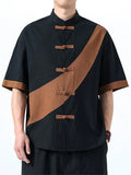 Men's Chinese Style Color Block Cotton Linen Short Sleeve Tang Suit Shirts