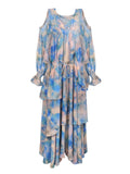 Women's Elegant Print  Shoulder Cut Long Sleeve Shirt & Strap Dress