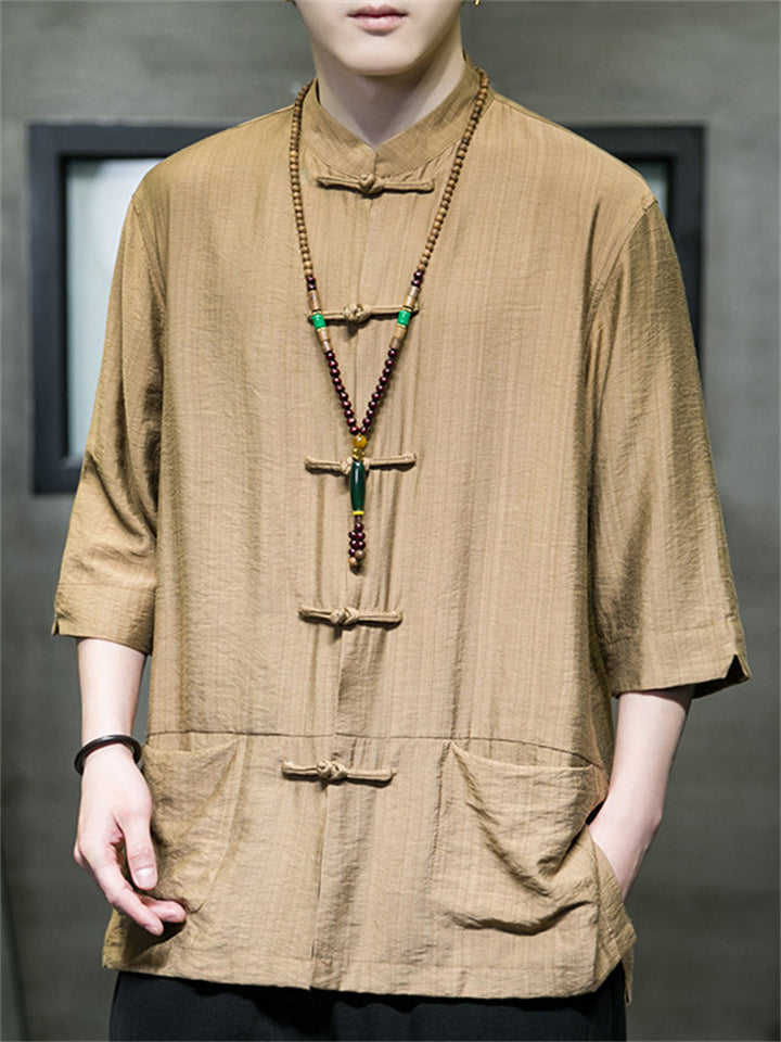 Men's Summer Chinese Style Cool Solid Color Half Sleeve Tang Suit Shirts