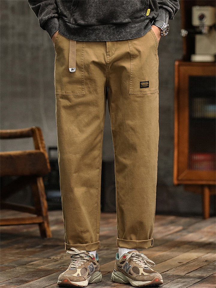 Men's Japanese Style Cotton Solid Color Pockets Straight Cargo Pants with Belt