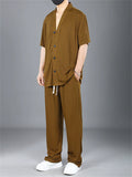 Men's Summer Plus Size V-Neck Short Sleeve Set with Loose Fit and Drawstring Pants