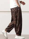 Men's Retro Chinese Style Plum Blossom and Bamboo Print Wide Leg Pants