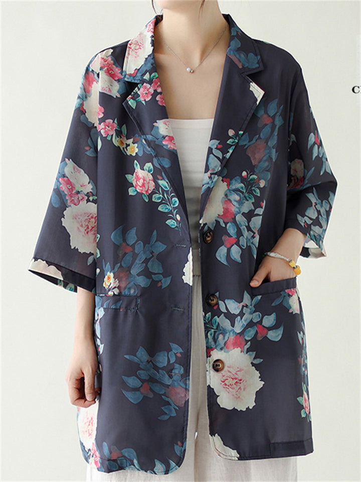 Women's Summer Retro Flowers Print 3/4 Sleeve Suit Jacket