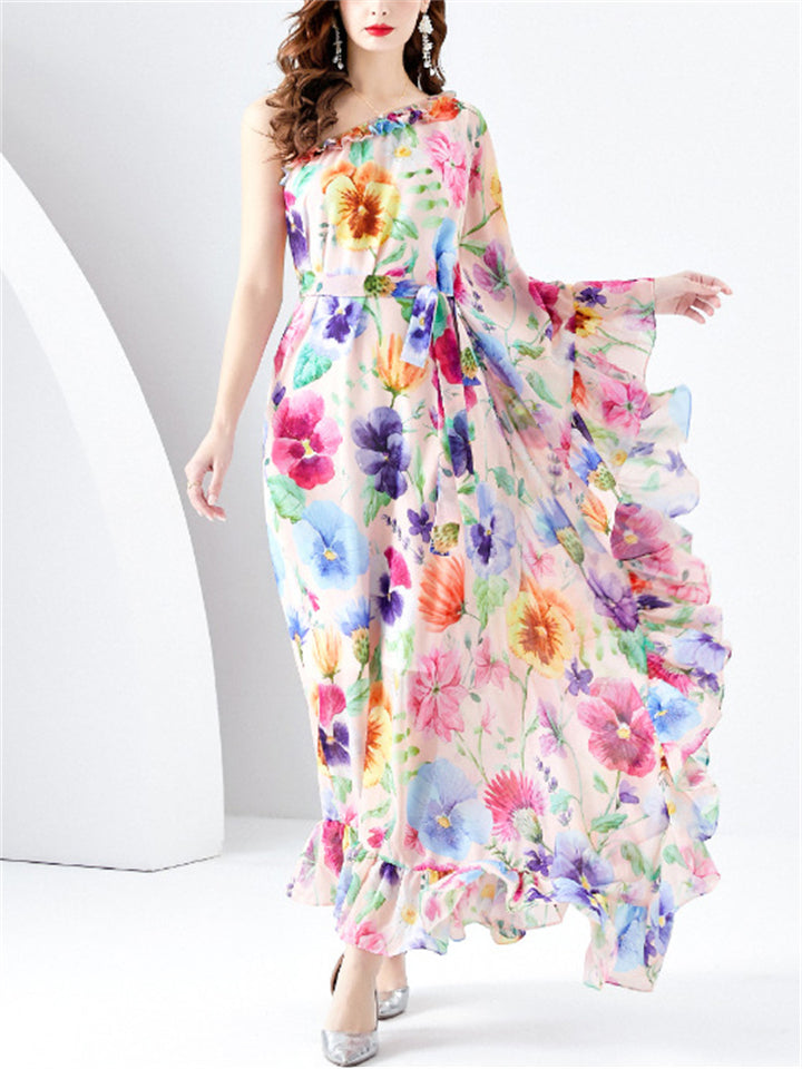 Women's Summer Floral One Shoulder Asymmetric Maxi Dresses