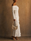 Womens White Off Shoulder 3D Floral Long Sleeve Maxi Dress