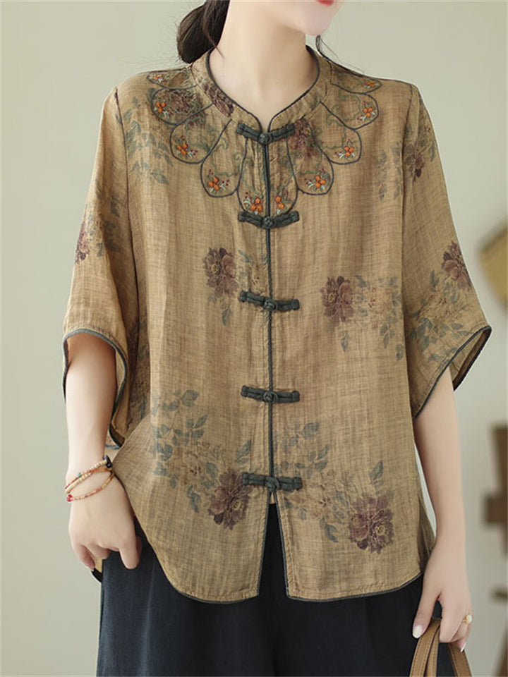 Comfy Chinese Style Summer Female O-Neck Ramie Shirt