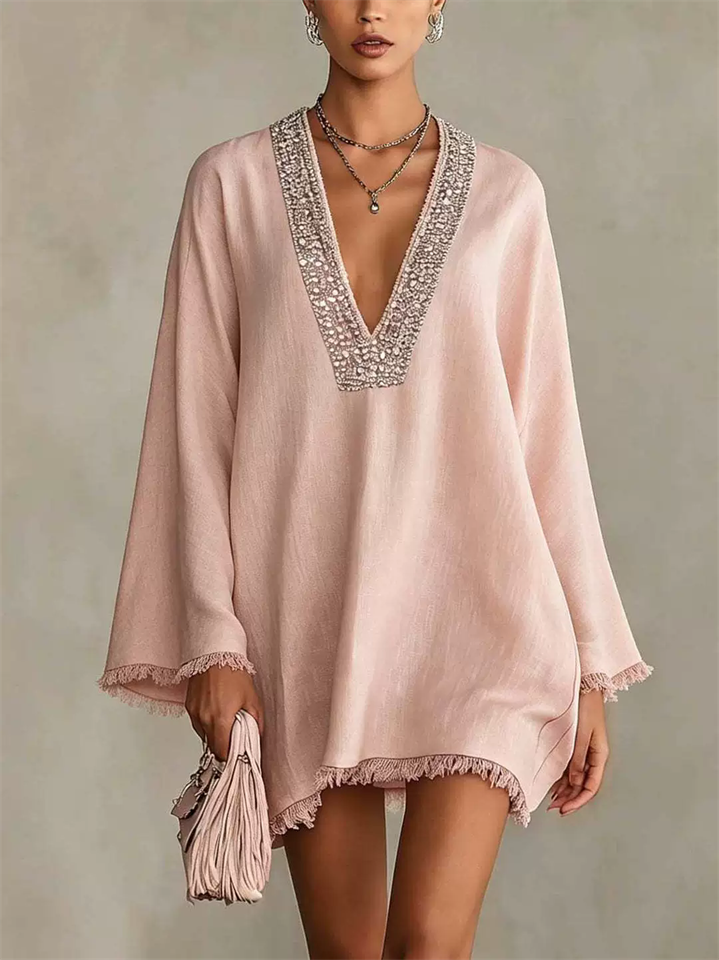 Womens Boho Holiday Style Pink V Neck Fringe Trim Tunic Mini Dress