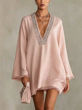 Womens Boho Holiday Style Pink V Neck Fringe Trim Tunic Mini Dress