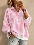 Women Gingham Plaid Shirt Half Button Long Sleeve Pullover Top