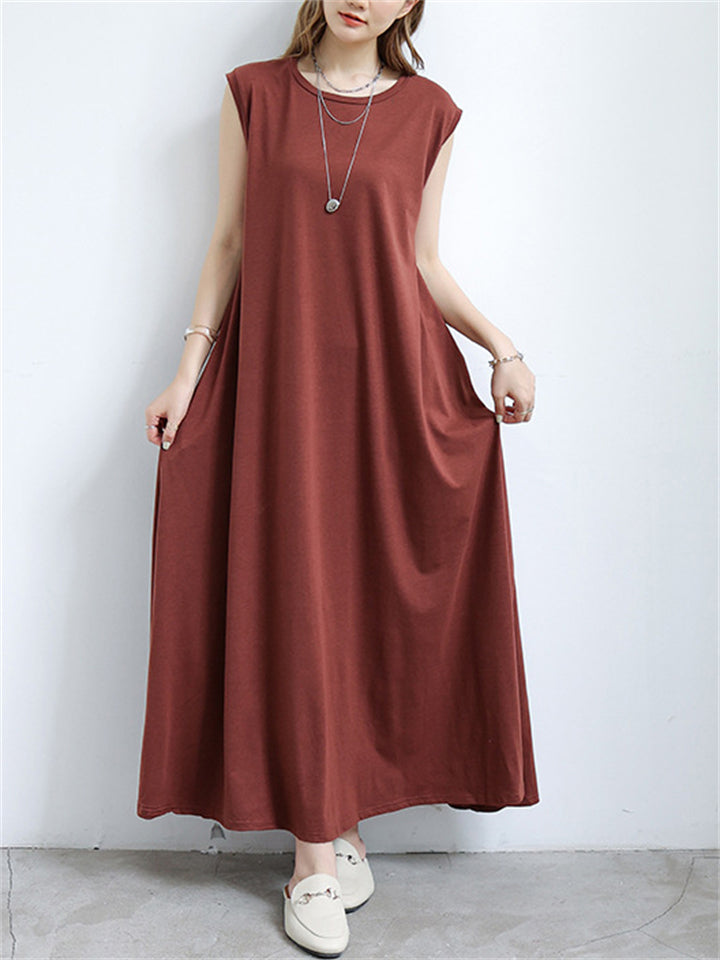 Japanese Style Solid Color Sleeveless Big Hem Maxi Dress