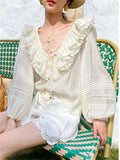 French Style Women's Ruffled V-Neck Tencel Long Sleeve Shirt