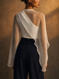 Women White Sheer Mesh Overlay Asymmetric Draped Party Top