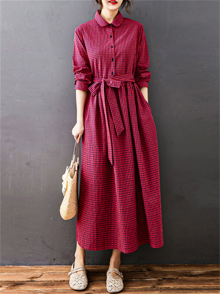 Women's Red Plaid Long Sleeve Lapel Tie-waist Dress