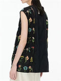 Female's Black Plants Embroidered Jacquard Sleeveless Vest