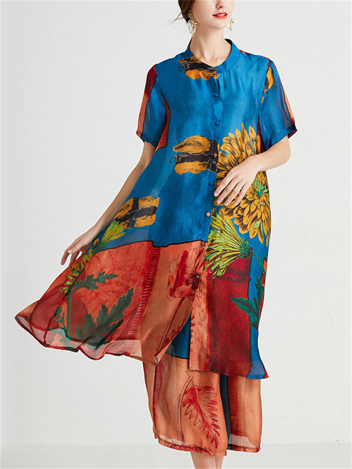 Women's 2Pcs Summer Flowers Print  Round Neck Top & Cropped Pants