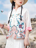 Women's Summer Contrast Color Ethnic Style Embroidered  Button Up Shirts