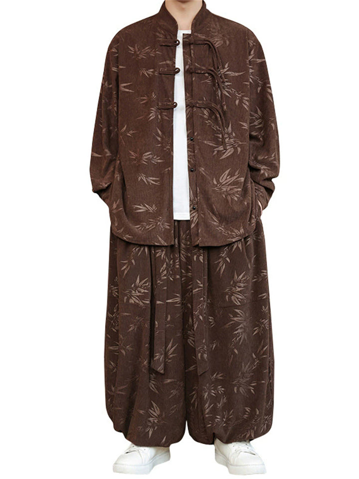 Oriental Corduroy Button Leaf Pattern Jacket  and Loose Drawstring Pants Set for Men