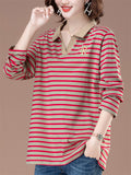 Women's Loose Contrast Color Cotton Stripe Long Sleeve Shirts