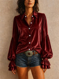 Women Velvet Ruffle Blouse Long Sleeve Button Down Shirt