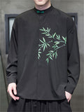Men Chinese Style Long Sleeve Loose Fit Shirt with Bamboo Leaf Print