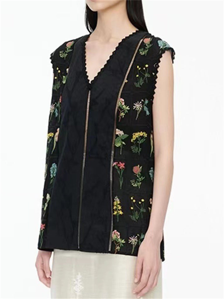 Female's Black Plants Embroidered Jacquard Sleeveless Vest