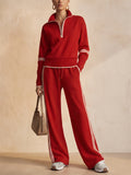 Women Stylish Contrast Trim Half Zip Top Wide Leg Pants Two Piece Tracksuit